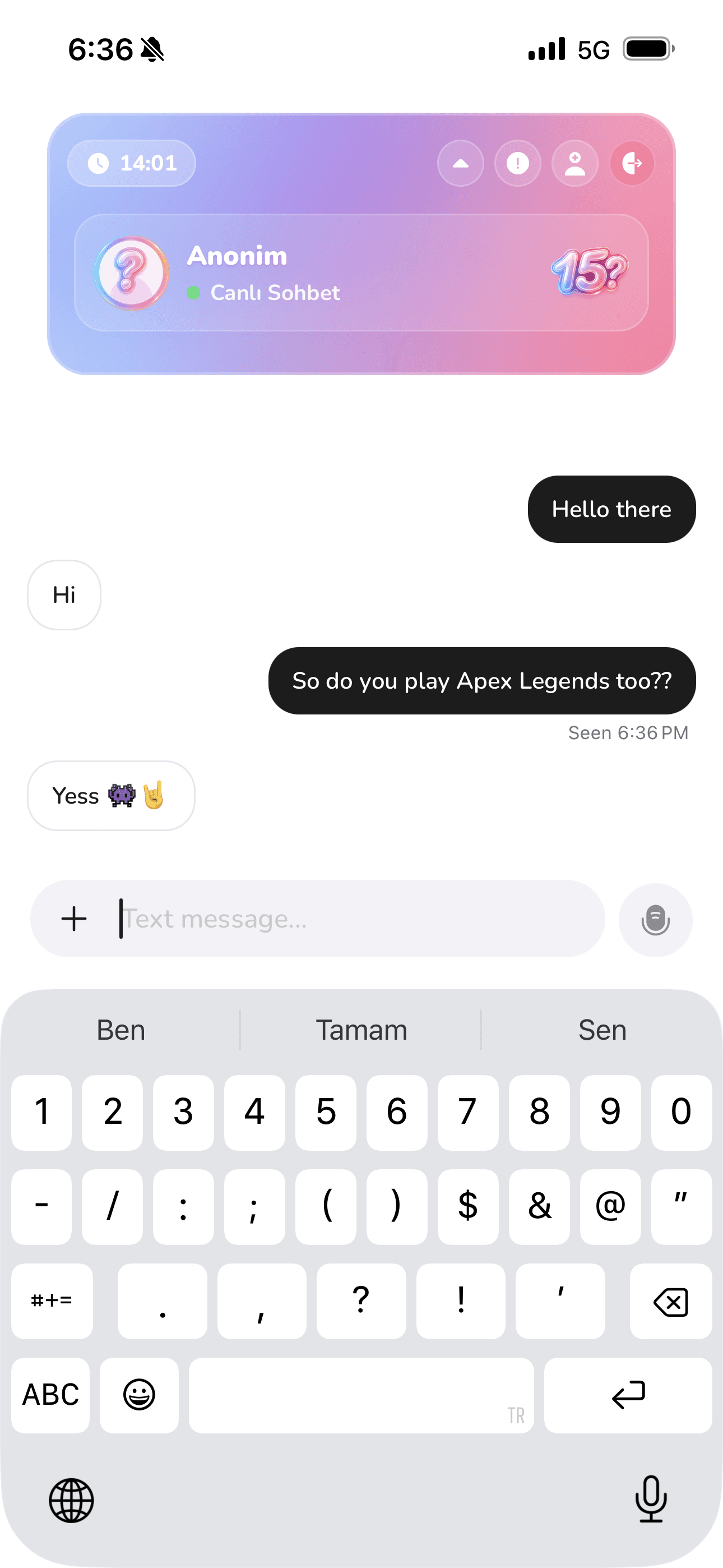15Minutes anonim sohbet ana ekranı