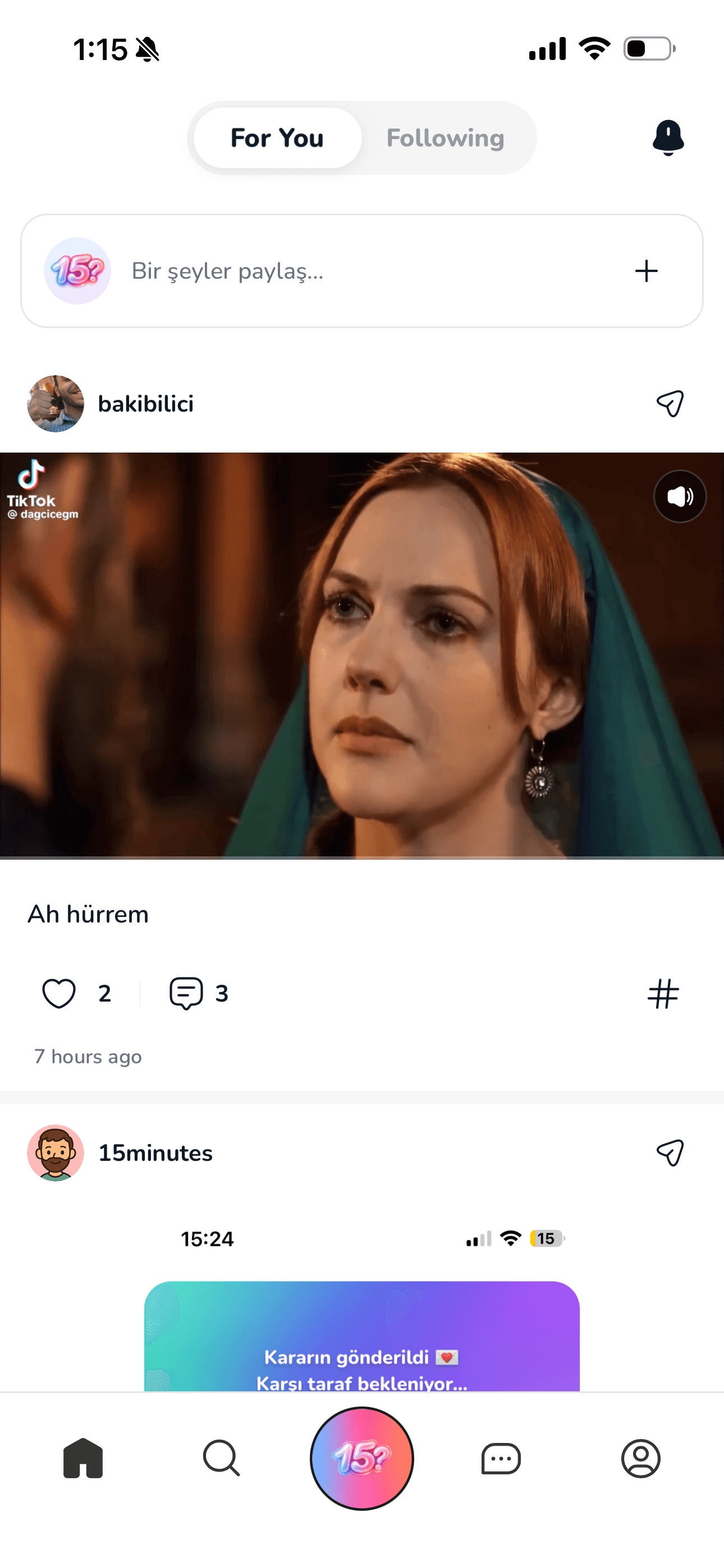15Minutes sosyal akış ekranı