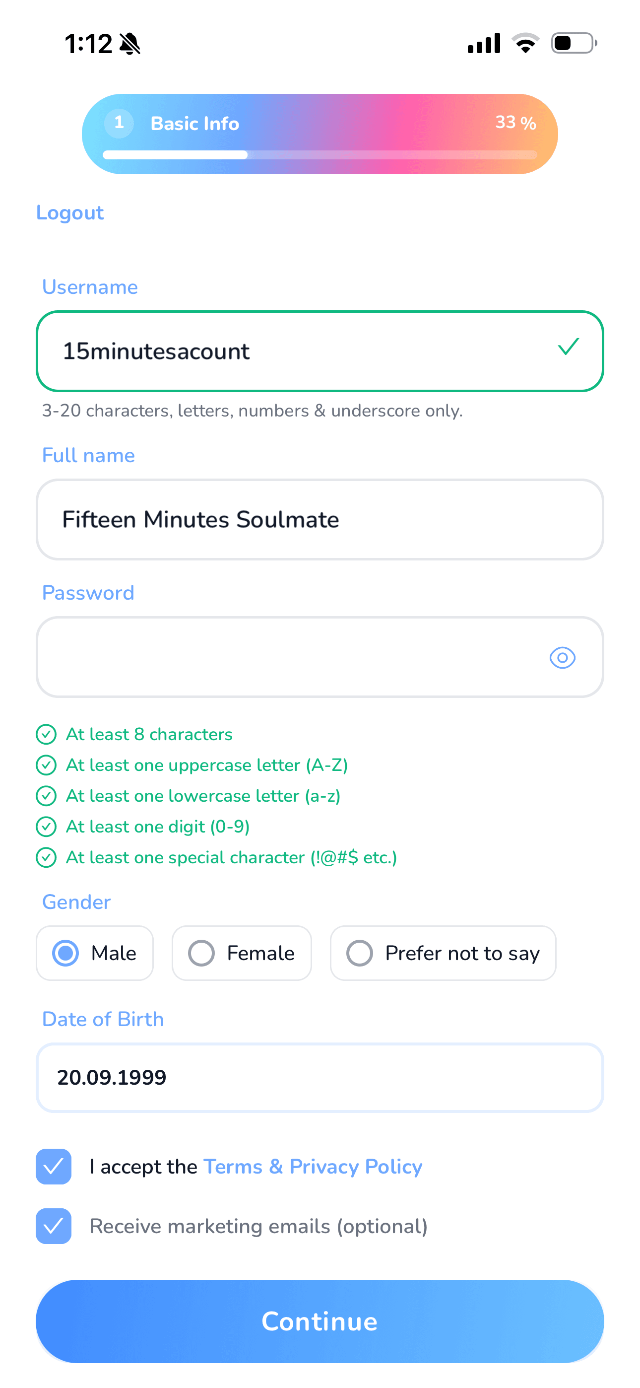 15Minutes eşleşme ekranı